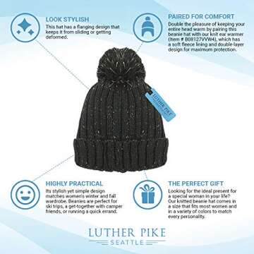 LUTHER PIKE SEATTLE Winter Pom Pom Beanie Hat - Cute Knit Yarn and Warm Fleece-Lined Slouchy Skull Ski Cap for Women - Cool Hair Accessories - for Boho, Hipster, and Winter Outfits, Black Confetti