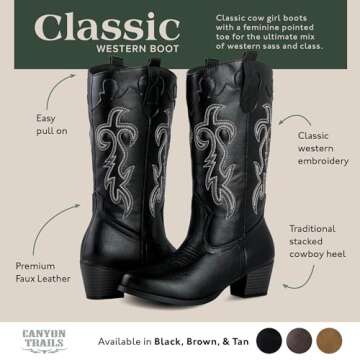 Canyon Trails Women's Rodeo Boots - Classic Western Booties for Women & Teen Girls, Black, Mid-Calf, Faux Leather, Memory Foam Insole, Cowboy Boots