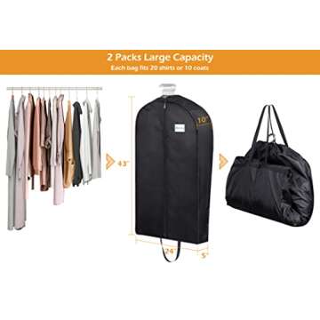 MISSLO Garment Bags for Travel Heavy Duty Moving Bags Large Capacity Hanging Clothes Bag for 20 Shirts Waterproof Fabric Suit Covers for Closet Storage 2 Packs, 43"