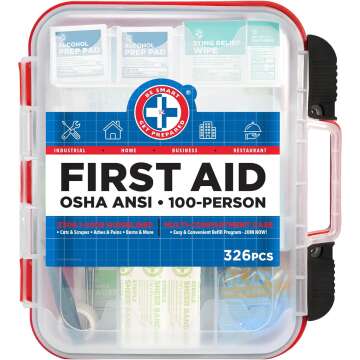 Be Smart Get Prepared First Aid Kit Hard Red Case 326 Pieces Exceeds OSHA and ANSI Guidelines 100 People - Office, Home, Car, School, Emergency, Survival, Camping, Hunting and Sports (20HBC01015REV3)