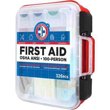 Be Smart Get Prepared First Aid Kit Hard Red Case 326 Pieces Exceeds OSHA and ANSI Guidelines 100 People - Office, Home, Car, School, Emergency, Survival, Camping, Hunting and Sports (20HBC01015REV3)