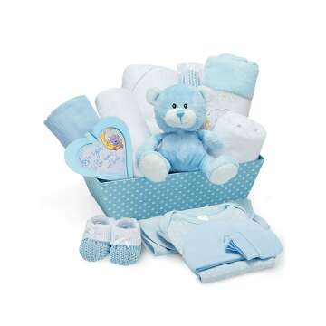 Newborn Baby Boy Keepsake Box - Blue, Hand Packed and Wrapped in Chiffon This Hamper Includes a Cute Teddy Bear, Knitted Booties, Bodysuit, Bib, Hat, Blanket, Hooded Towel and Hanging Plaque