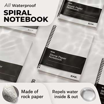 GAK. Stone Paper Waterproof Spiral Notebook, 7.20”x10.11”, 50 sheets, Durable Notebook, Eco-Friendly Mineral Stone Paper Notebook, Waterproof Notepad, Ruled, White