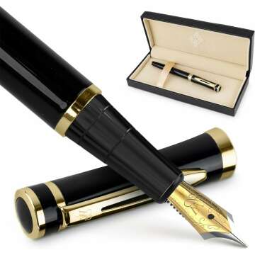 Wordsworth & Black Fountain Pen Set, 18K Gilded Fine Nib, Includes 24 Pack Ink Cartridges, Ink Refill Converter & Gift Box, Gold Finish, Calligraphy, [Black Gold], Perfect for Men & Women