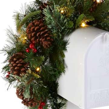 National Tree Company Pre-lit Artificial Christmas Mail Box Swag Flocked with Mixed Decorations and White LED Lights Colonial-36 Inch