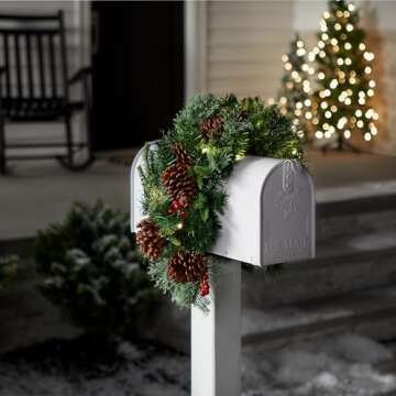 National Tree Company Pre-lit Artificial Christmas Mail Box Swag Flocked with Mixed Decorations and White LED Lights Colonial-36 Inch