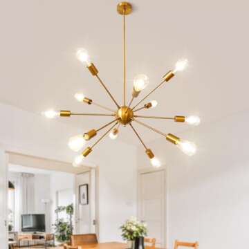 LynPon Gold Sputnik Chandeliers, 12 Lights Plating Golden Chandelier Light Fixture for Dining Room, Modern Adjustable Height Living Room Ceiling Light Fixture for Entryway Foyer Kitchen Bedroom