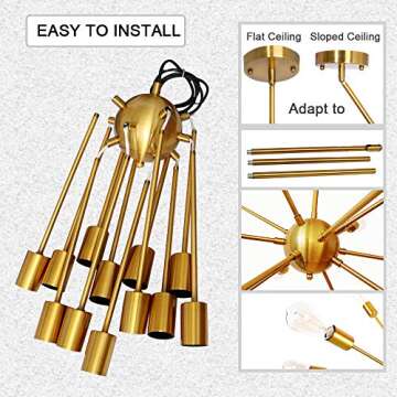 LynPon Gold Sputnik Chandeliers, 12 Lights Plating Golden Chandelier Light Fixture for Dining Room, Modern Adjustable Height Living Room Ceiling Light Fixture for Entryway Foyer Kitchen Bedroom