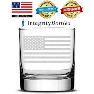 Integrity Bottles, American Flag, Premium Whiskey Glass, Handmade, Handblown, Hand Etched Gifts, Sand Carved, 11oz