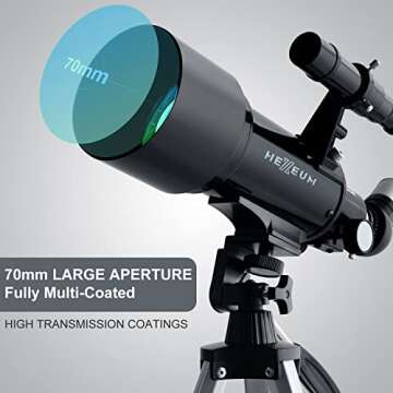 Telescope 70mm Aperture 500mm - for Kids & Adults Astronomical Refracting Telescopes AZ Mount Fully Multi-Coated Optics, with Diagonal Mirror Phone Adapter, Carrying Bag, Wireless Remote Black