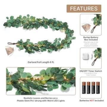 LampLust Faux Eucalyptus Garland with Lights, 6 FT Greenery Garland, 120 LED Lights, Battery Powered Ivy Garland, Greenery Garlands for Table Mantle, Spring Garland, Farmhouse Decor, Spring Home Décor