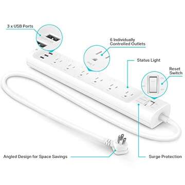 Kasa Smart Plug Power Strip HS300, Surge Protector with 6 Individually Controlled Smart Outlets and 3 USB Ports, Works with Alexa & Google Home, No Hub Required , White