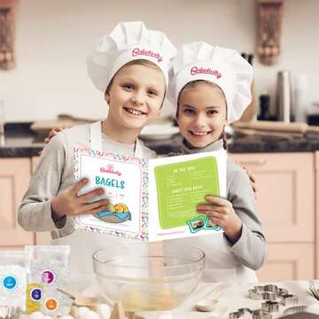 Baketivity Kids Baking Set, Meal Cooking Party Supply Kit for Teens, Real Fun Little Junior Chef Essential Kitchen Lessons, Includes Pre-Measured Ingredients (Kit + Hat & Apron, Bagels)