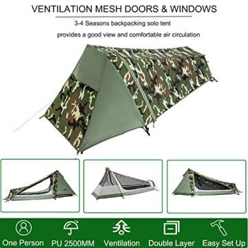 GEERTOP 1 Person Bivy Tent Ultralight Backpacking Tent for 1 Man Double Layer Waterproof Camouflage Camp Tent for Outdoor Camping Hiking Travel - Easy to Set Up