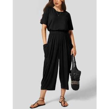 Fiona Jolin Jumpsuits for Women Casual Summer Short Sleeve Wide Leg Jumpers Long Rompers with Pockets (Black-S)