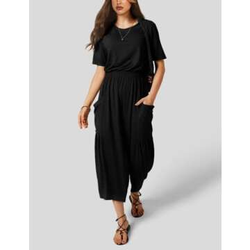 Fiona Jolin Jumpsuits for Women Casual Summer Short Sleeve Wide Leg Jumpers Long Rompers with Pockets (Black-S)