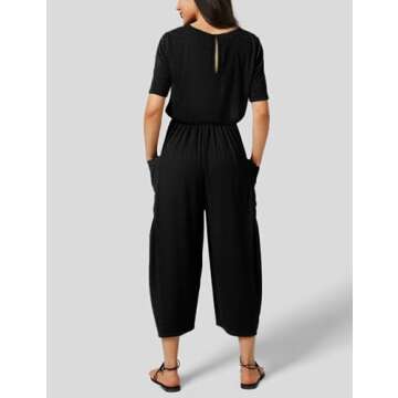 Fiona Jolin Jumpsuits for Women Casual Summer Short Sleeve Wide Leg Jumpers Long Rompers with Pockets (Black-S)