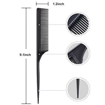 2 Pack Rat Tail Combs for Women Fine Tooth Comb Parting Tip Carbon Fiber Root Teasing Anti Static Heat Resistant Adding Volume Evening Hair Styling