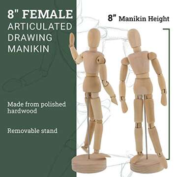 US Art Supply® Wood 8" Female - Artist Drawing Manikin Articulated Mannequin with Base and Flexible Body - Perfect for Drawing The Human Figure (8" Female)