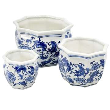 Galt International Blue & White Floral Porcelain Ceramic Decorative Flower Pot 8"/6"/4.5" Garden Pots Chinese Asian Design - Set of 3 Round Bulb Fluted