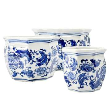 Galt International Blue & White Floral Porcelain Ceramic Decorative Flower Pot 8"/6"/4.5" Garden Pots Chinese Asian Design - Set of 3 Round Bulb Fluted