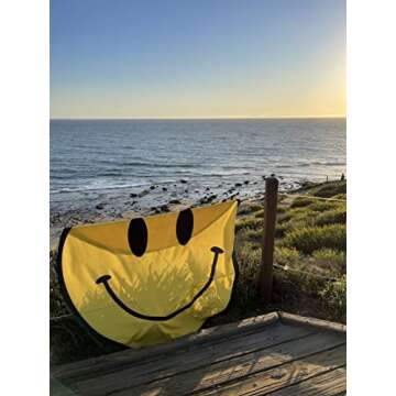 Smiley Face Round Towel for Beach Pool Surfing Outdoor Yoga Meditation Blanket for Family Fun Smile Happy Picnic Rug Wrap Vacation Must Have Light Weight Easy to Pack, Yellow