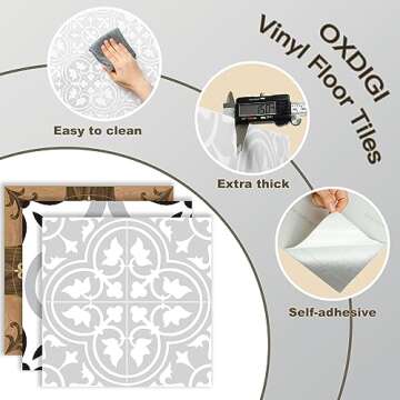 Oxdigi Floor Tiles Peel and Stick Waterproof - Self-Adhesive Vinyl Floor Tiles|DIY Floor Stickers|Vintage Flooring for Bathroom,Kitchen,Laundry and Balcony|50-Pack|12" x 12"|48.4sq.ft|White Grey