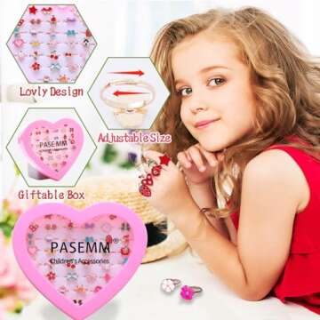 PASEMM 36pcs Little Girl Jewel Rings, Adjustable, No Duplication Kids Play Rings in Box,Pretend and Dress Up Rings for 4-12 Year Old Girls Birthday Gifts Holiday Gifts, 3 4 5 6 7 8 9 10 11 12 Year Old