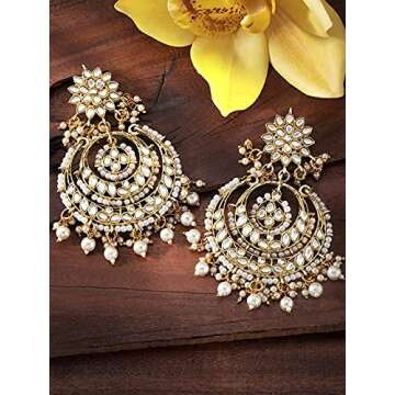 I Jewels Gold Plated Indian Wedding Bollywood Chandbali Kundan & Pearl Earrings for Women (E7077W)