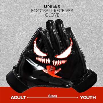 Villian Football Gloves - Tacky Grip Skin Tight Enhanced Performance Football Gloves - Pro Elite Super Sticky Receiver American Football Gloves - Adult & Youth Sizes (Youth - XXS)