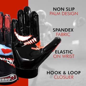 Villian Football Gloves - Tacky Grip Skin Tight Enhanced Performance Football Gloves - Pro Elite Super Sticky Receiver American Football Gloves - Adult & Youth Sizes (Youth - XXS)