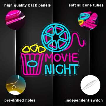 Movie Night Popcorn Neon Sign for Home Theaters