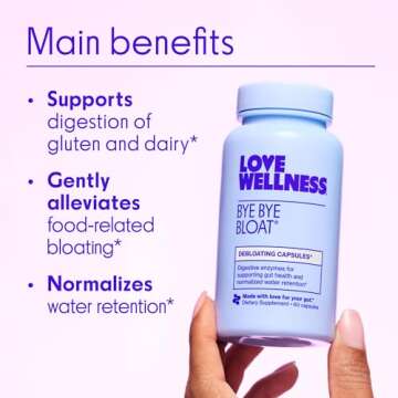 Love Wellness Bye Bye Bloat | Digestive Enzymes for Fast Acting Bloating Relief for Women | Helps Reduce Water Retention & Gas Relief | Supports Digestive Health with Fenugreek & Dandelion | 60 Count