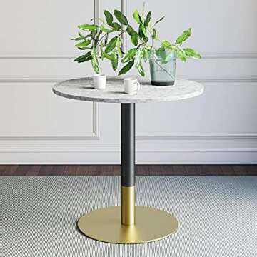 Nathan James Bistro Lucy Small Mid-Century Modern Kitchen or Dining Table with Faux Carrara Marble Top and Brushed Metal Pedestal Base, Black/Gold 31D x 31.5W x 29H in