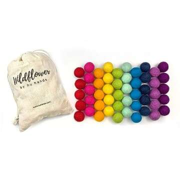 Rainbow Party - 100% Handmade Wool Felt Pom Poms - (50) Pure New Zealand Wool Felt Balls - DIY Pompoms - 0.8-1.0" Size - Drawstring Muslin Bag