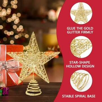 Christmas Tree Topper, 10" Gold Glittered Star with Hollow Design, Tree Topper Star for Christmas Tree Decoration