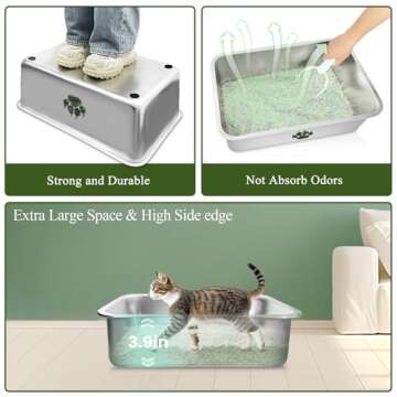 PWTAA Stainless Steel Cat Litter Box, High Side Cats Toilet Metal Litter Box, Pet Cleaning Tool for Cats, Rabbits, Splash-Proof and Non-Stick Cat Poop Box odorless, Camo Paws 15.7" x 11.8" x 3.9"