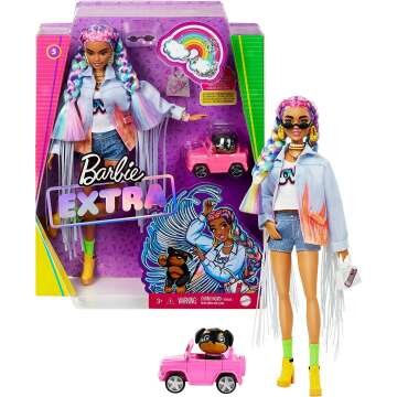 Barbie Extra Doll #5 in Long-Fringe Denim Jacket with Puppy, Rainbow Braids, Layered Outfit & Accessories Including Car for Pet, Multiple Flexible Joints, Gift for Kids 3 Years Old & Up, 12 inch