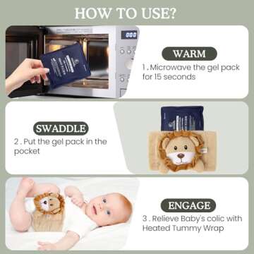 Baby Colic and Gas Relief, Heated Tummy Wrap for Newborns Belly Relief by Soothing Warmth, Baby Heating Pad Swaddling Belt Relief & Soothe Gas, Colic and Upset Stomach in Babies and Toddlers (Lion)