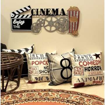 YOENYY Movie Theater Decor,Home Theater Pillow Covers Set of 4 18x18 Inch, Vintage Movie Room Accessories, Basement Decorations, Retro Cinema Throw Pillows for Couch