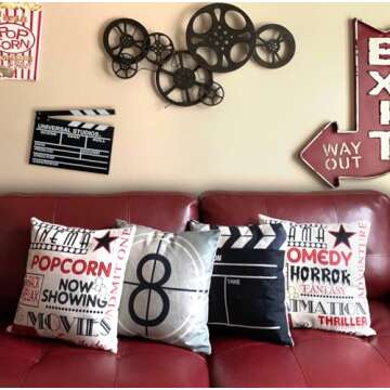 YOENYY Movie Theater Decor,Home Theater Pillow Covers Set of 4 18x18 Inch, Vintage Movie Room Accessories, Basement Decorations, Retro Cinema Throw Pillows for Couch