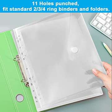 A4 Binder Pocket,FOME 15pcs Binder Organizer Snap Button Pouch with Label for School, Home and Office,11 Holes Clear A4 Binder Pockets Envelope Letter for 3 Ring Binder Folders