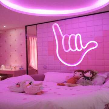 QiaoFei Hand Shape Finger Neon Sign Lights Hanging Decorative Neon Light USB or Battery Operated for Home Bedroom Bar Restaurant Christmas Birthday Party Gift LED Art Wall Decoration Light-Pink