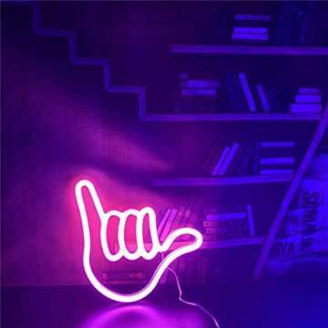 QiaoFei Hand Shape Finger Neon Sign Lights Hanging Decorative Neon Light USB or Battery Operated for Home Bedroom Bar Restaurant Christmas Birthday Party Gift LED Art Wall Decoration Light-Pink