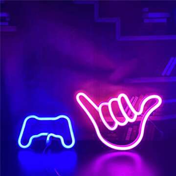 QiaoFei Hand Shape Finger Neon Sign Lights Hanging Decorative Neon Light USB or Battery Operated for Home Bedroom Bar Restaurant Christmas Birthday Party Gift LED Art Wall Decoration Light-Pink