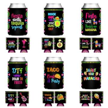 Apinwin 12PCS Colorful Mexican Party Can Cooler Sleeve, Taco Bout a Party Birthday Can Cover, Cumpleaños Mexican Fiesta CINCO de MAYO Beverage Can Sleeves, Final Fiesta Bachelorette Decorations Favor