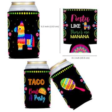 Apinwin 12PCS Colorful Mexican Party Can Cooler Sleeve, Taco Bout a Party Birthday Can Cover, Cumpleaños Mexican Fiesta CINCO de MAYO Beverage Can Sleeves, Final Fiesta Bachelorette Decorations Favor