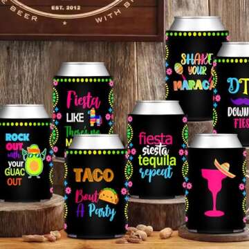 Apinwin 12PCS Colorful Mexican Party Can Cooler Sleeve, Taco Bout a Party Birthday Can Cover, Cumpleaños Mexican Fiesta CINCO de MAYO Beverage Can Sleeves, Final Fiesta Bachelorette Decorations Favor