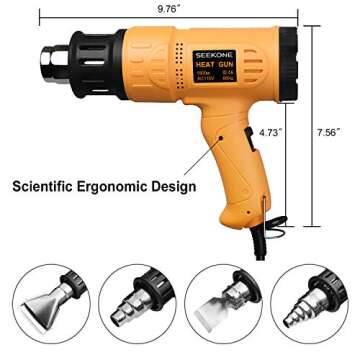 SEEKONE Heat Gun 1800W 122℉-1202℉（50℃- 650℃）Fast Heating Heavy Duty Hot Air Gun Kit Variable Temperature Control Overheat Protection with 4 Nozzles for Crafts, Shrinking PVC, Stripping Paint(5.2FT)