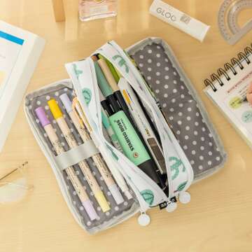 Large Canvas Pencil Case for Students with 3 Compartments